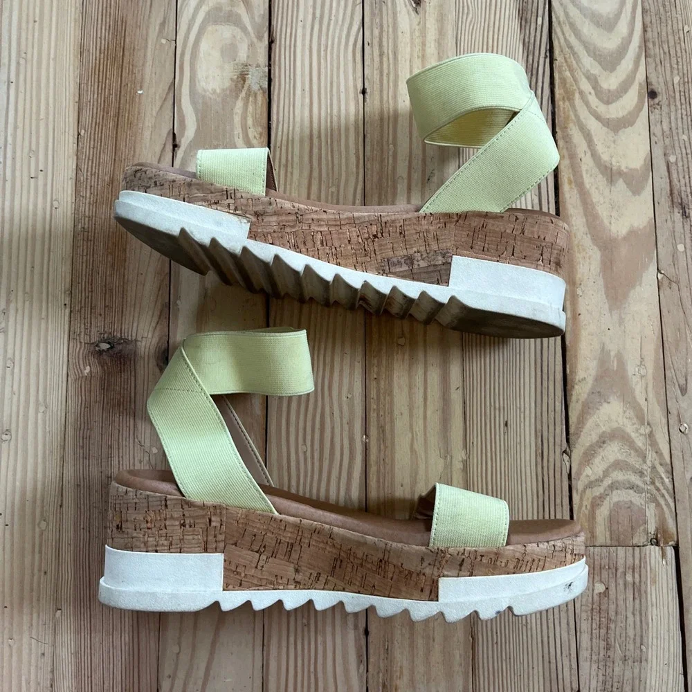 Steve Madden Elba‎ Lime Yellow Elastic Platform Cork Wedge Sandals 7.5M ELBA01S1